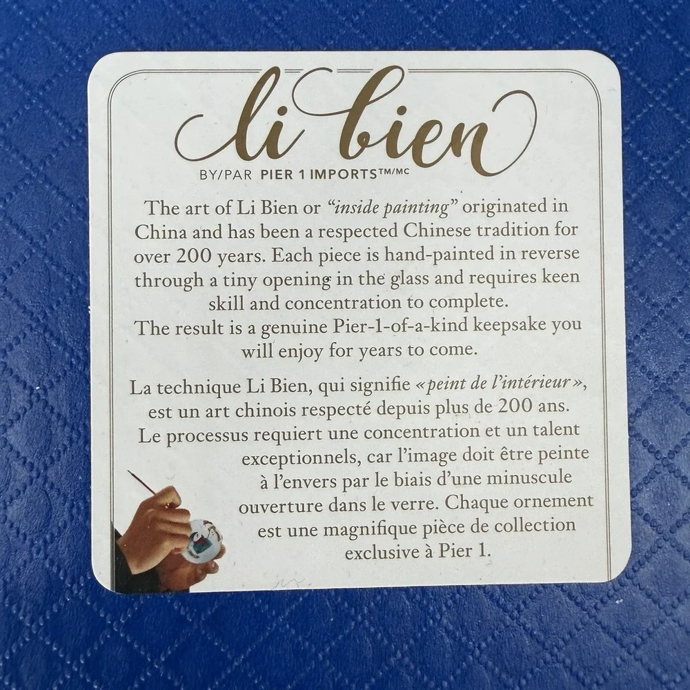 Three Hand Painted Pier One Li Bien 2018 Christmas Ornaments w/ 3 Position Box